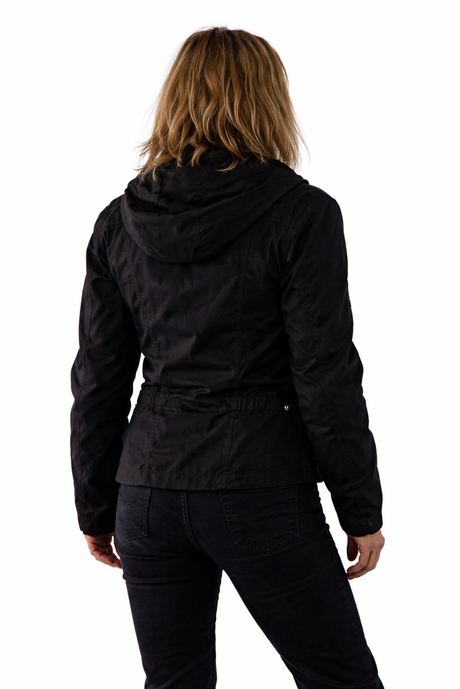 Person wearing a black jacket and pants on a white background