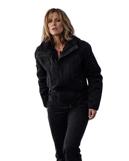 Woman wearing a black jacket on a white background