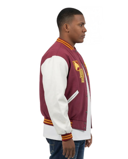 Man wearing a maroon and white varsity jacket with a logo on a white background