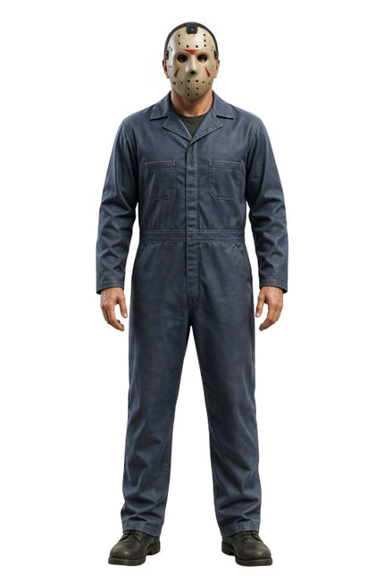 Person wearing a blue coverall and hockey mask on a white background