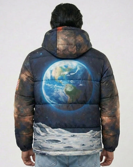 Puffer jacket with Earth and moon design on a plain background