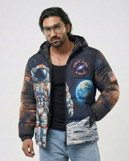 Man wearing a jacket with space-themed designs on a plain background