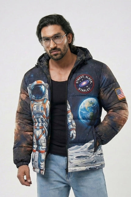 Man wearing a jacket with space-themed designs on a plain background