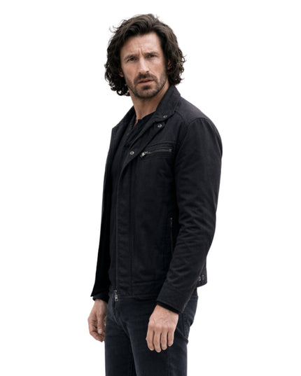 Man wearing a black jacket on a white background