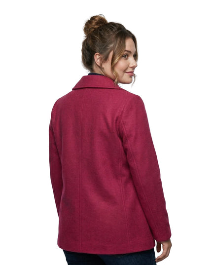 Woman wearing a red coat on a white background