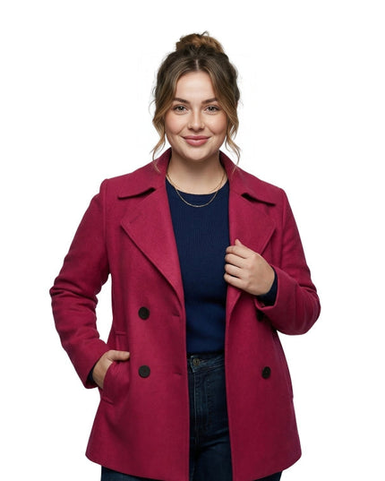 Woman wearing a red coat on a white background