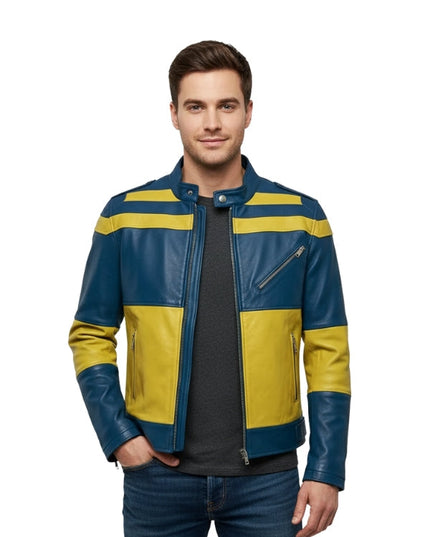 Man wearing a blue and yellow leather jacket on a white background