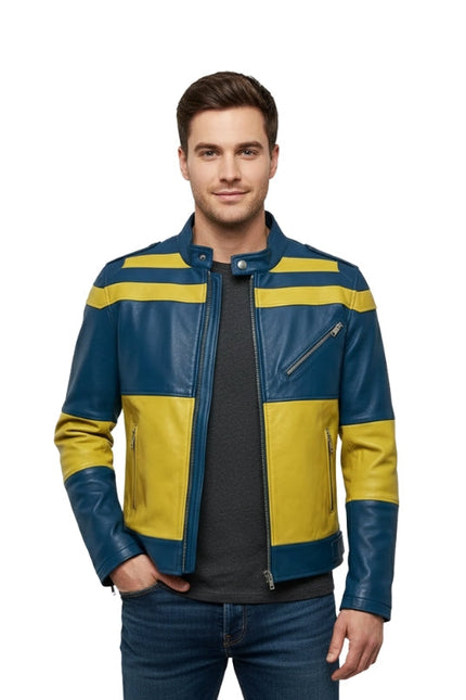 Man wearing a blue and yellow leather jacket on a white background