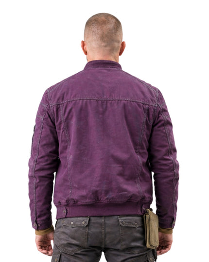 Person wearing a purple jacket from behind on a white background