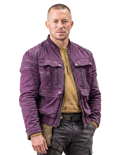 Man wearing a purple jacket on a white background