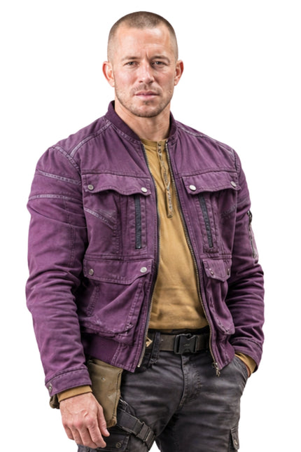 Man wearing a purple jacket on a white background