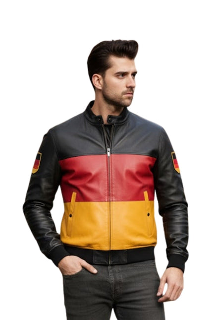 Man wearing a jacket with black, red, and yellow design on a white background