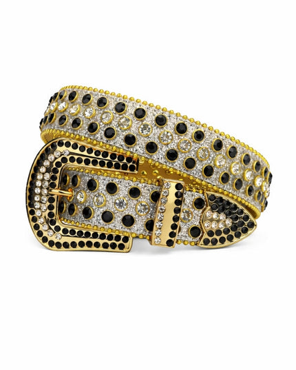 Gold belt with black and white gemstones on a white background