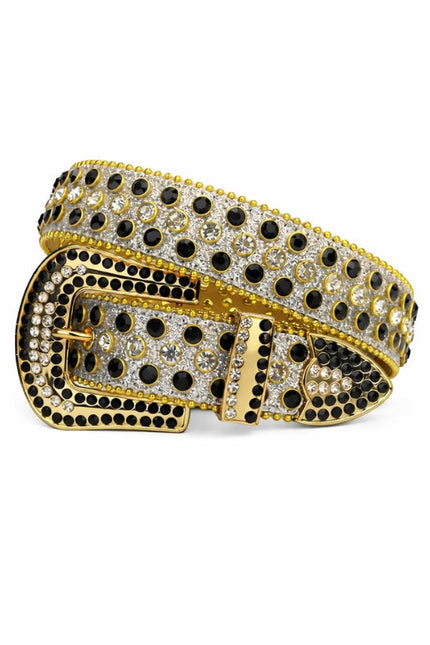 Gold belt with black and white gemstones on a white background