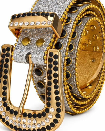 Gold and silver belt with black gemstones on a white background