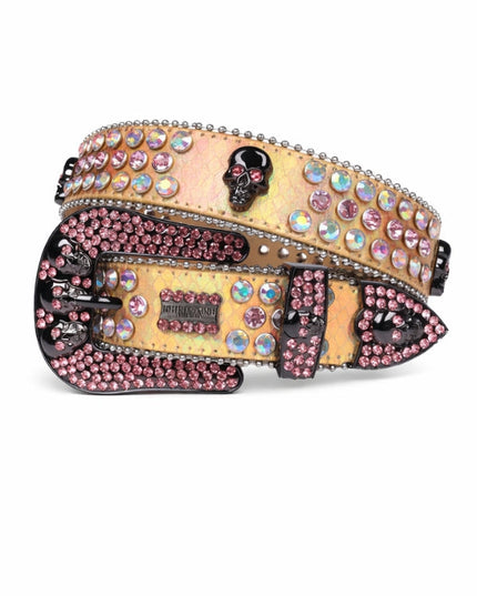 Decorative belt with pink and multicolored gemstones on a white background