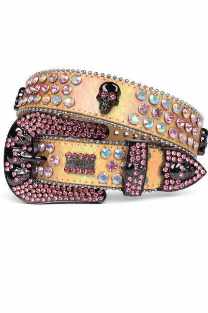 Decorative belt with pink and multicolored gemstones on a white background