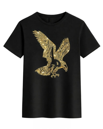 Black t-shirt with a gold eagle design on a white background
