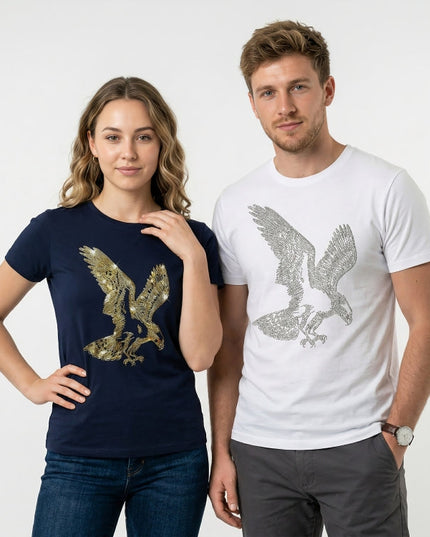 Two people wearing t-shirts with eagle designs on a plain background