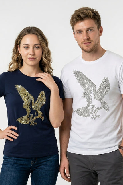 Two people wearing t-shirts with eagle designs on a plain background
