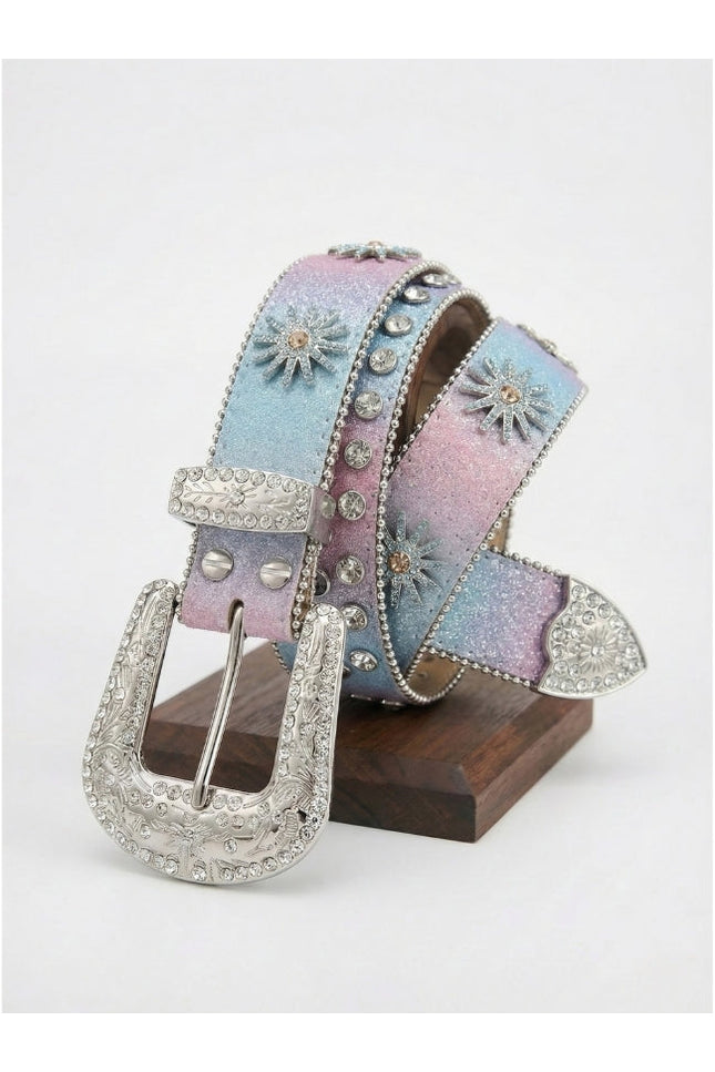 Decorative belt with floral designs and a silver buckle on a white background