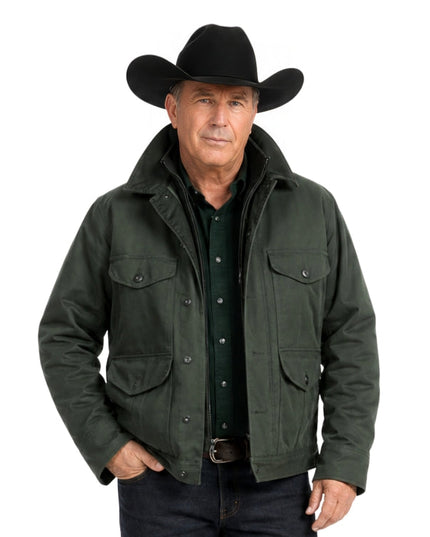 Man wearing a green jacket and black cowboy hat on a white background