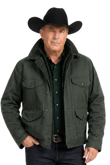 Man wearing a green jacket and black cowboy hat on a white background