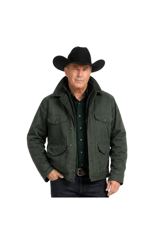 Man wearing a green jacket and black cowboy hat on a white background