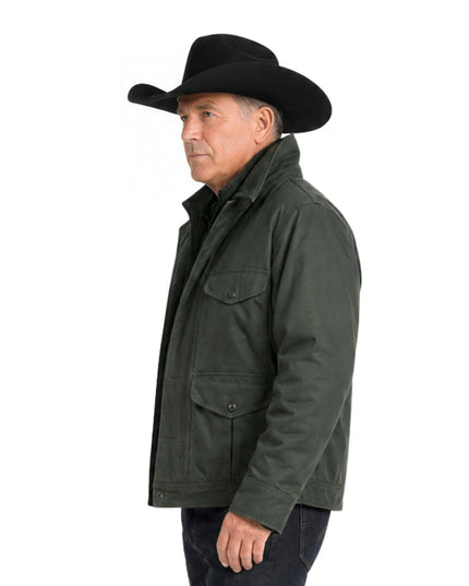 Man wearing a dark green jacket and black cowboy hat on a white background