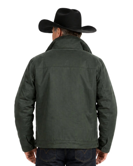 Man wearing a dark green jacket and black cowboy hat on a white background