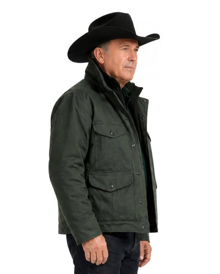 Man wearing a green jacket and black cowboy hat on a white background