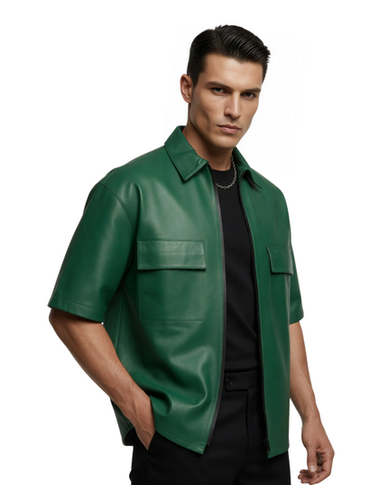 Green Short Sleeve Leather Overshirt Sale Live