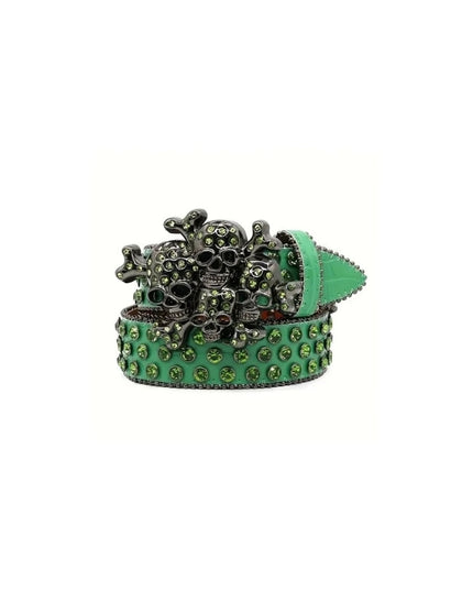 Green belt with skull and crossbones design on a white background