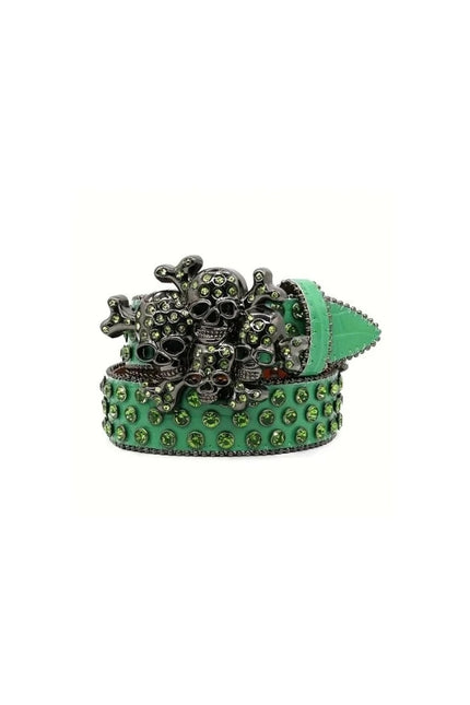 Green belt with skull and crossbones design on a white background