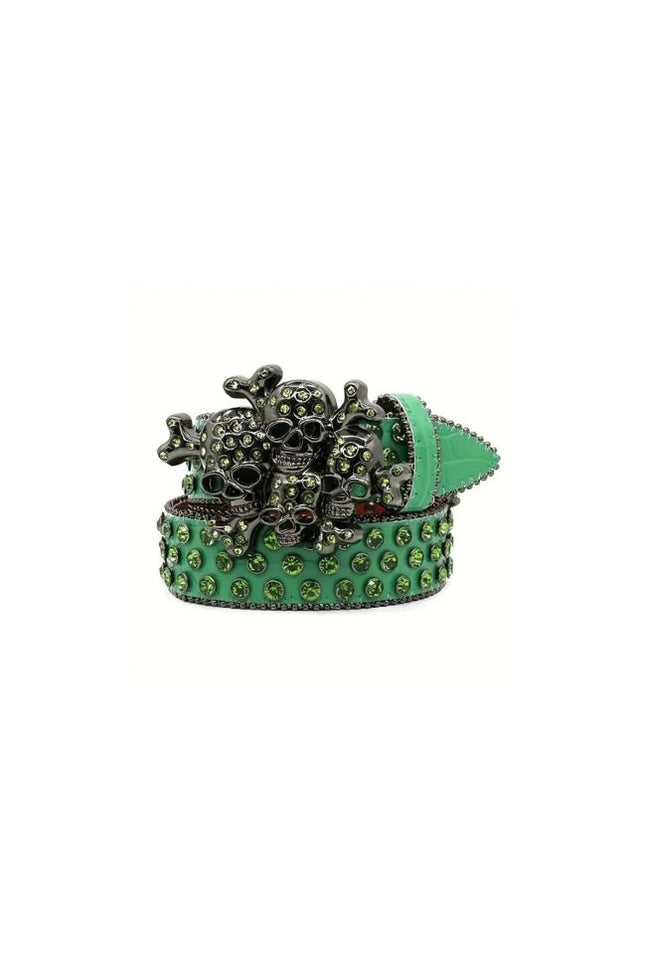 Green belt with skull and crossbones design on a white background