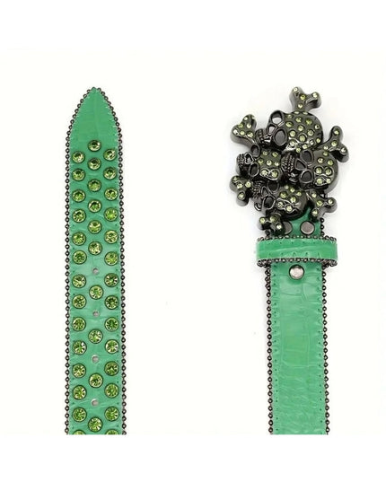 Green studded belt with skull design on a white background