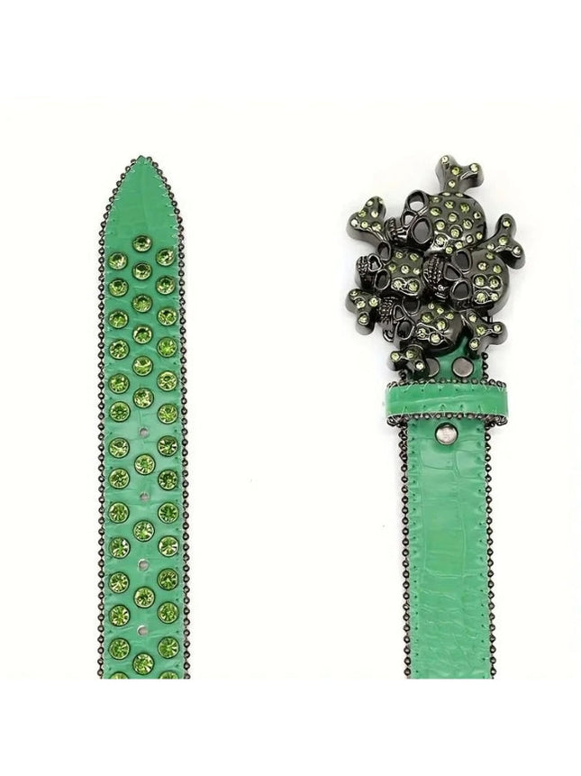 Green studded belt with skull design on a white background