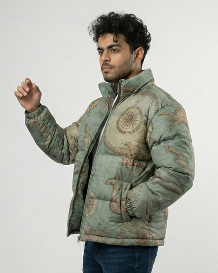 Sage Green Vintage Map Print Puffer Jacket