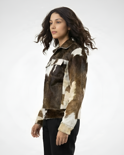 Woman wearing a cowhide leather jacket on a white background