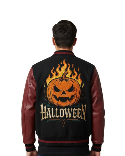 Black and red jacket with a pumpkin and 'Halloween' design on the back, worn by a person.