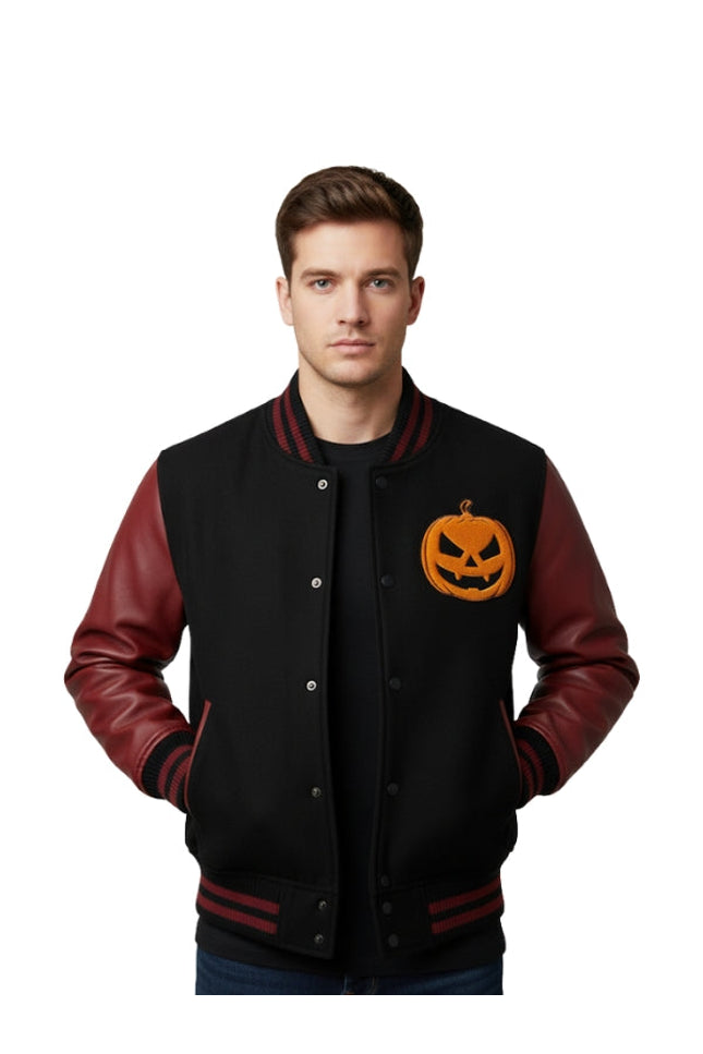 Man wearing a black varsity jacket with red sleeves and a pumpkin design on a white background