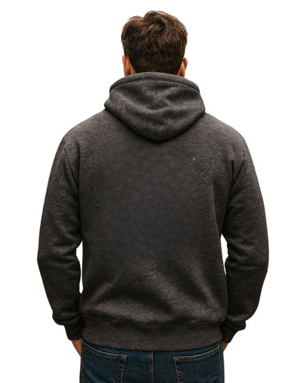 Person wearing a dark gray hoodie from behind on a white background