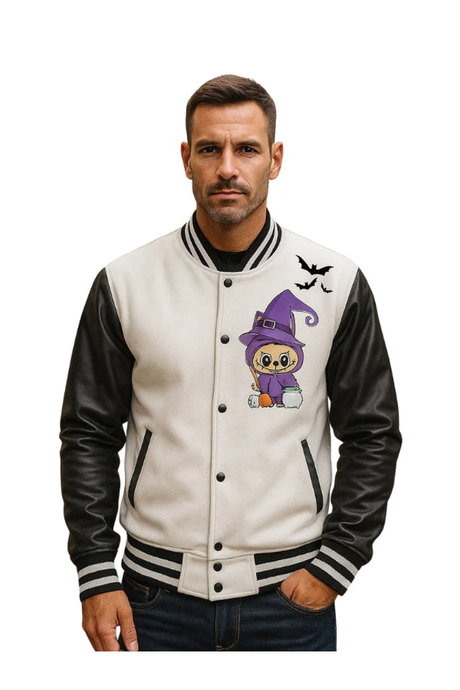 Man wearing a white varsity jacket with black leather sleeves featuring a cartoon character and design elements.