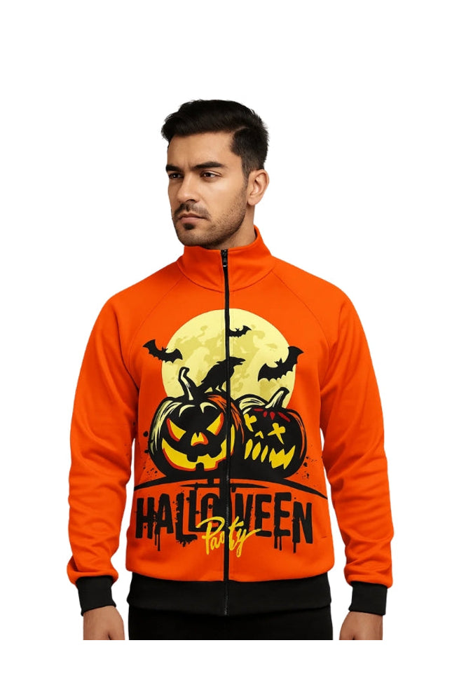 Man wearing an orange Halloween-themed jacket with pumpkins and bats design.