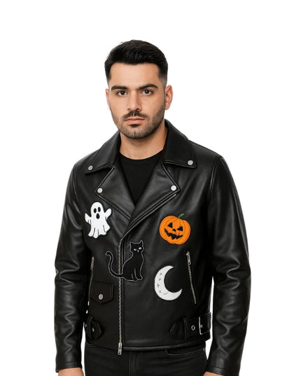 Man wearing a black leather jacket with Halloween-themed patches on a white background
