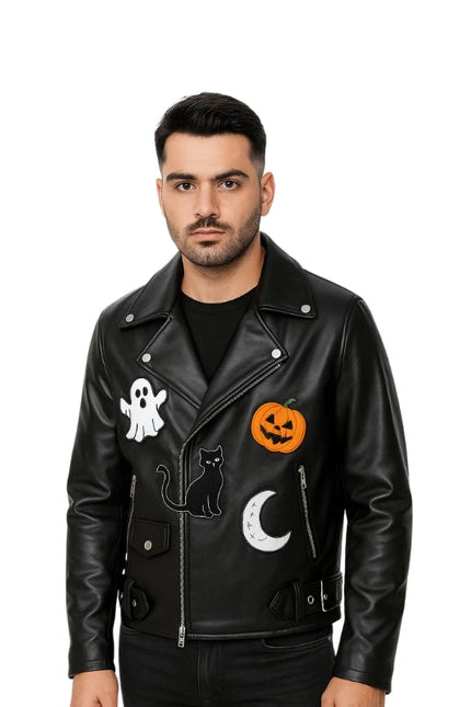 Man wearing a black leather jacket with Halloween-themed patches on a white background