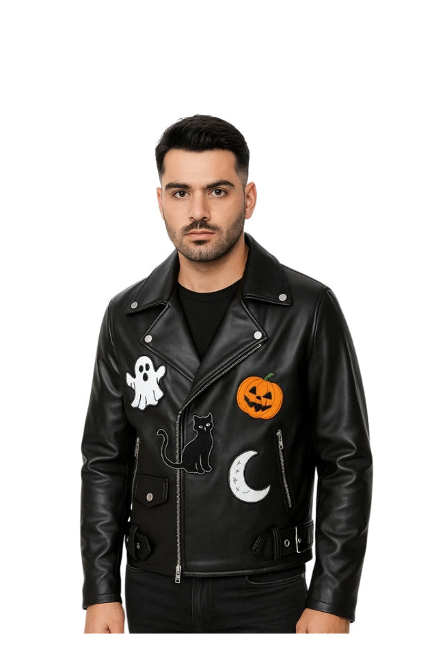 Man wearing a black leather jacket with Halloween-themed patches on a white background