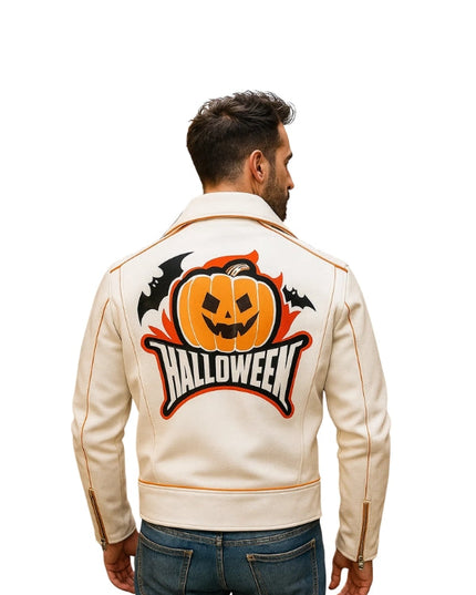 Halloween Pumpkin Asymmetrical White Biker Jacket