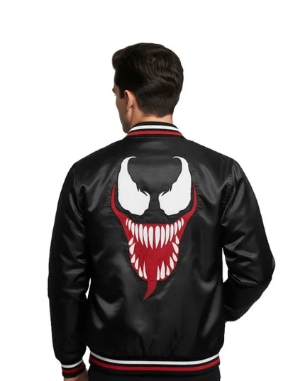 Venom black satin varsity bomber jacket inspired by Halloween style