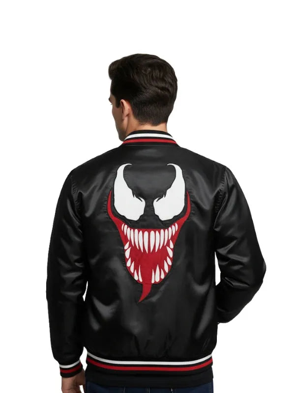 Venom black satin varsity bomber jacket inspired by Halloween style